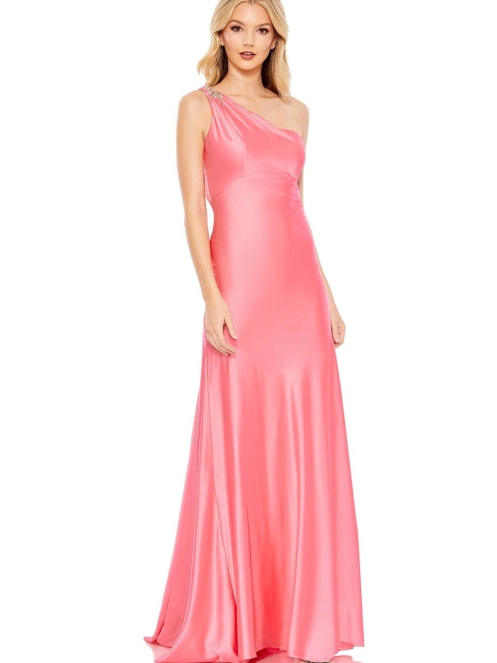 NWT Mac Duggal Pink Beaded One Shoulder Charmeuse Column Gown - Size 6